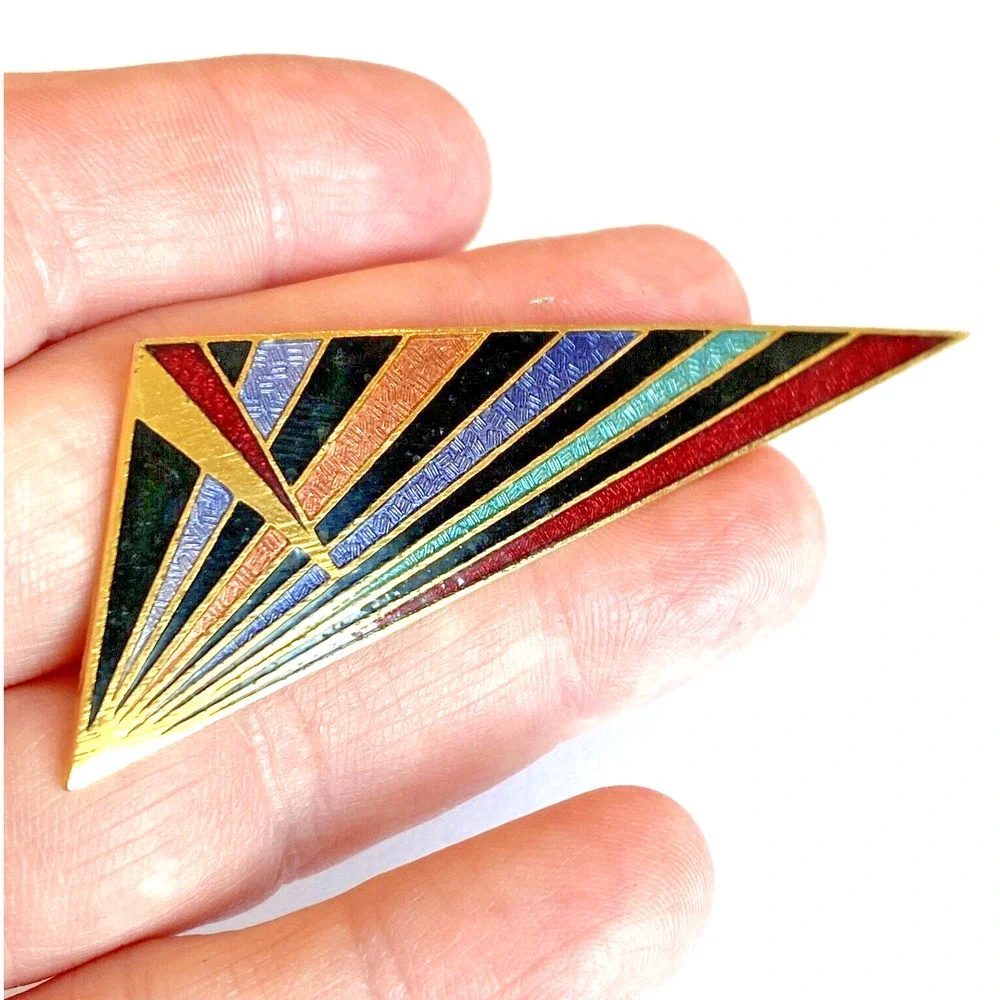 Vintage Siti Jewelry Brooch Mod Geometric Enamel On Goldtone Pin Triangle Shape